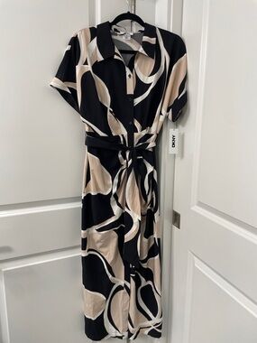 DKNY Black and Beige Abstract Maxi Shirt Dress